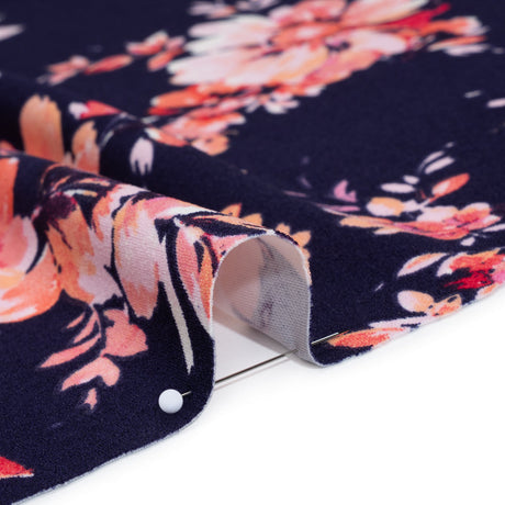 Stretch Polyester Crepe Double Knit - Navy Blue, Pink and Peach Floral - Designer Deadstock