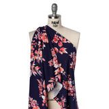 Stretch Polyester Crepe Double Knit - Navy Blue, Pink and Peach Floral - Designer Deadstock