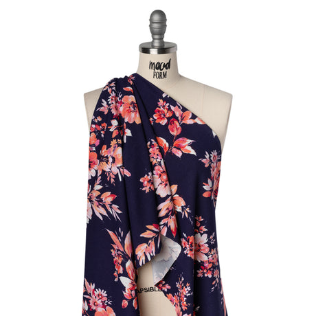 Stretch Polyester Crepe Double Knit - Navy Blue, Pink and Peach Floral - Designer Deadstock