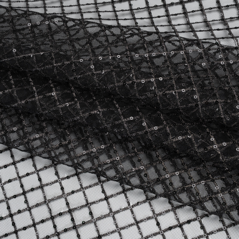 Embroidered Lace Tulle with Baby Sequins - Black and Gunmetal Grid - Designer Deadstock