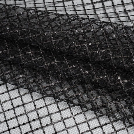 Embroidered Lace Tulle with Baby Sequins - Black and Gunmetal Grid - Designer Deadstock