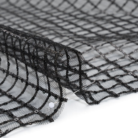 Embroidered Lace Tulle with Baby Sequins - Black and Gunmetal Grid - Designer Deadstock