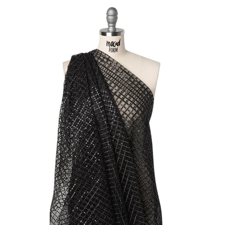 Embroidered Lace Tulle with Baby Sequins - Black and Gunmetal Grid - Designer Deadstock