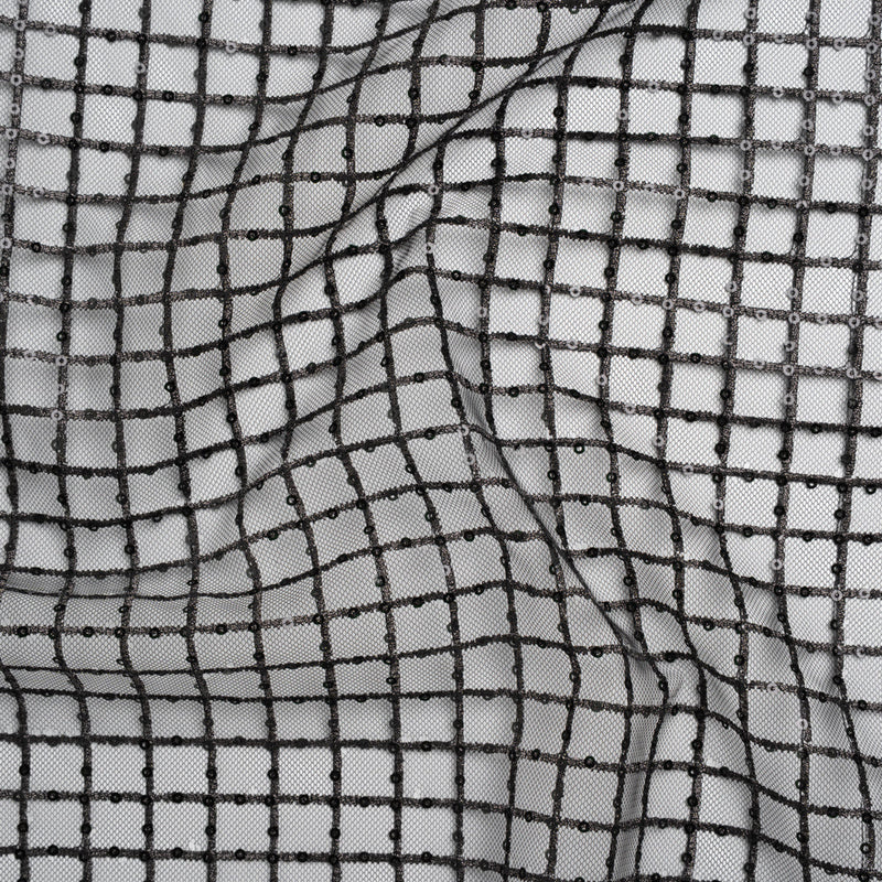 Embroidered Lace Tulle with Baby Sequins - Black and Gunmetal Grid - Designer Deadstock