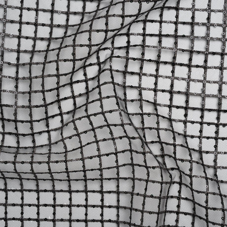 Embroidered Lace Tulle with Baby Sequins - Black and Gunmetal Grid - Designer Deadstock