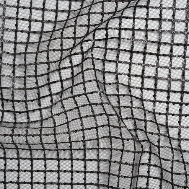 Embroidered Lace Tulle with Baby Sequins - Black and Gunmetal Grid - Designer Deadstock