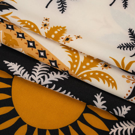 Stretch Polyester Crepe de Chine Print - Cream, Black and Golden Ochre Flowers and Suns Border - Designer Deadstock