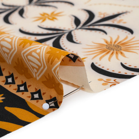 Stretch Polyester Crepe de Chine Print - Cream, Black and Golden Ochre Flowers and Suns Border - Designer Deadstock