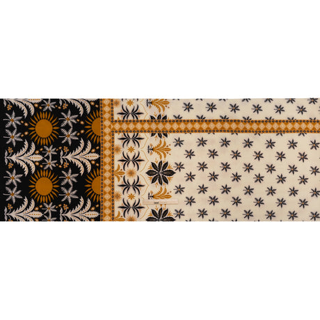 Stretch Polyester Crepe de Chine Print - Cream, Black and Golden Ochre Flowers and Suns Border - Designer Deadstock