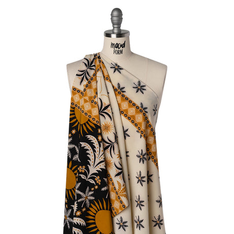 Stretch Polyester Crepe de Chine Print - Cream, Black and Golden Ochre Flowers and Suns Border - Designer Deadstock