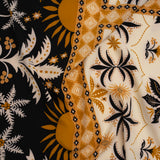Stretch Polyester Crepe de Chine Print - Cream, Black and Golden Ochre Flowers and Suns Border - Designer Deadstock
