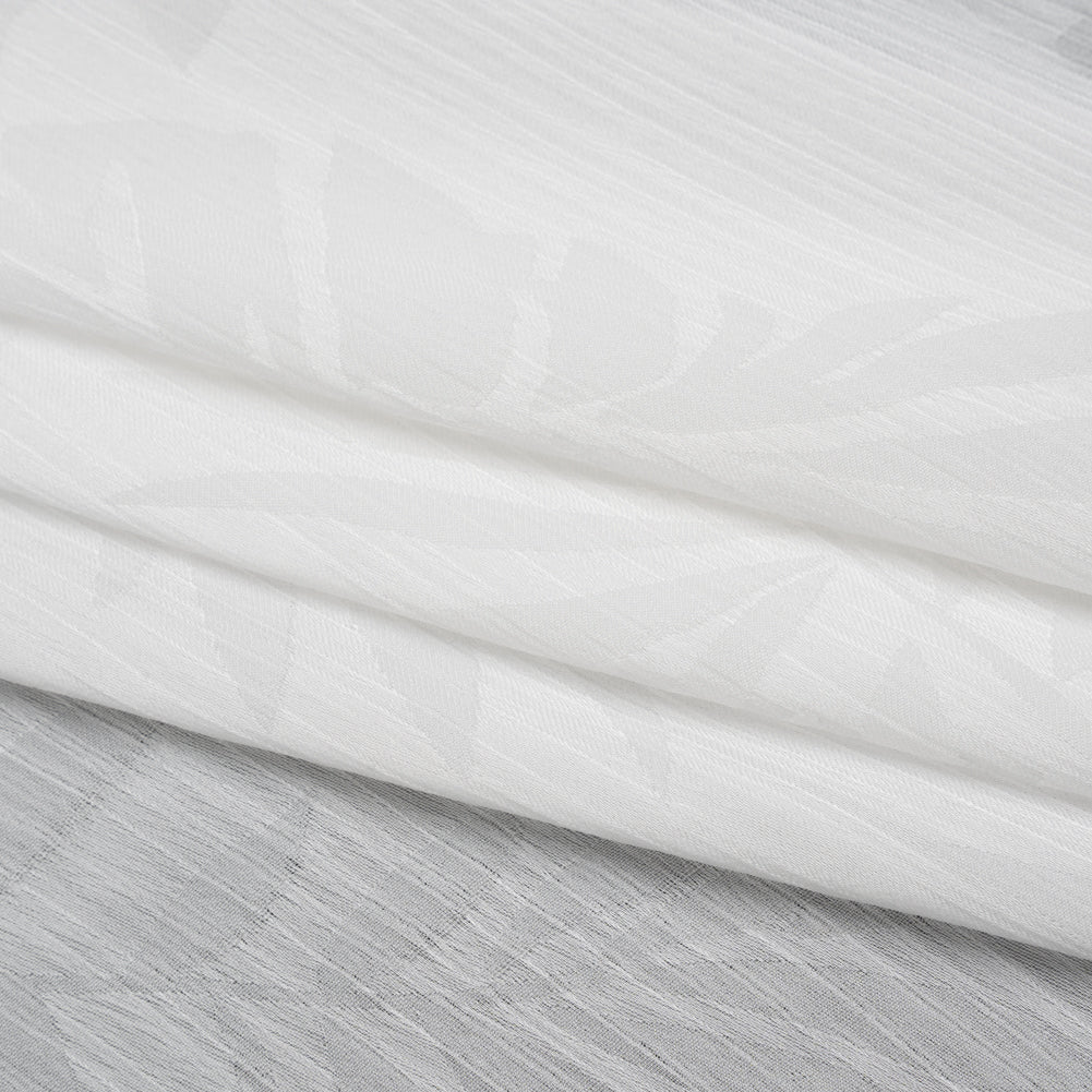 Crinkled Polyester Satin-Face Chiffon Jacquard - White Palm Leaves - Designer Deadstock