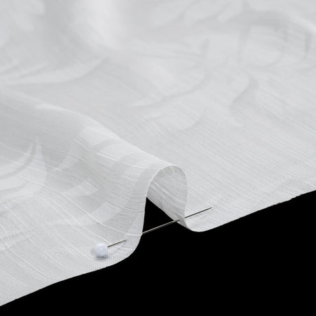 Crinkled Polyester Satin-Face Chiffon Jacquard - White Palm Leaves - Designer Deadstock