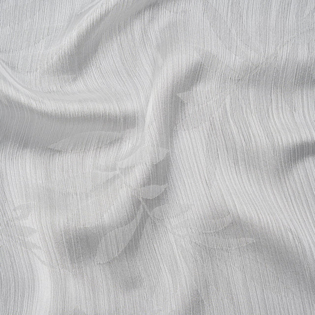 Crinkled Polyester Satin-Face Chiffon Jacquard - White Palm Leaves - Designer Deadstock