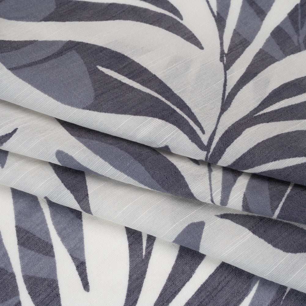Slubbed Drapey Polyester and Rayon Woven Print - Cream and Cool Gray Palm Leaves - Designer Deadstock