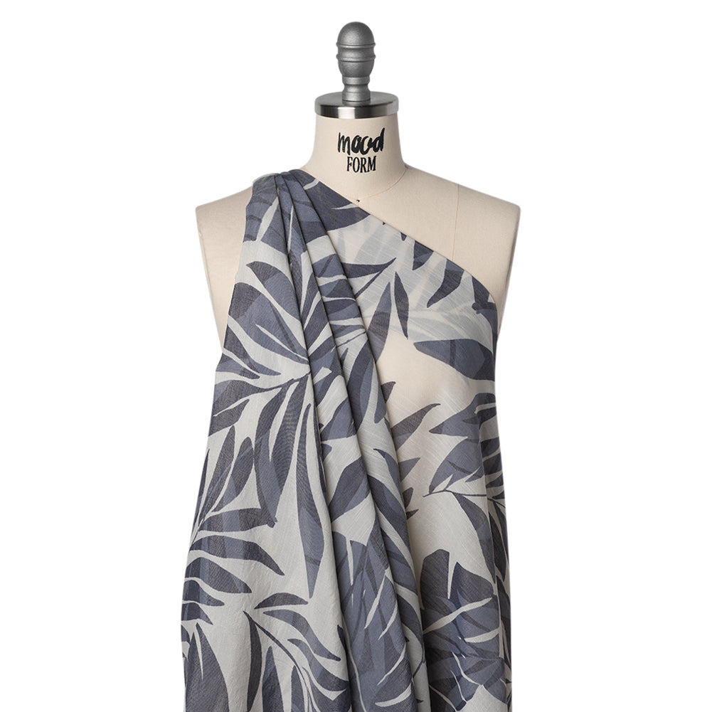 Slubbed Drapey Polyester and Rayon Woven Print - Cream and Cool Gray Palm Leaves - Designer Deadstock
