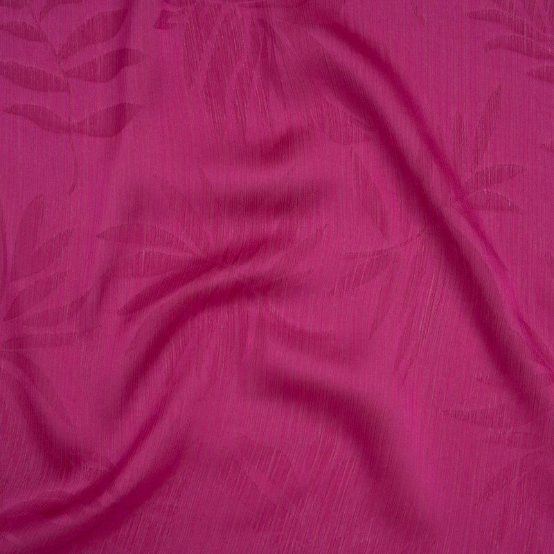 Crinkled Polyester Satin-Face Chiffon Jacquard - Fuchsia Palm Leaves - Designer Deadstock