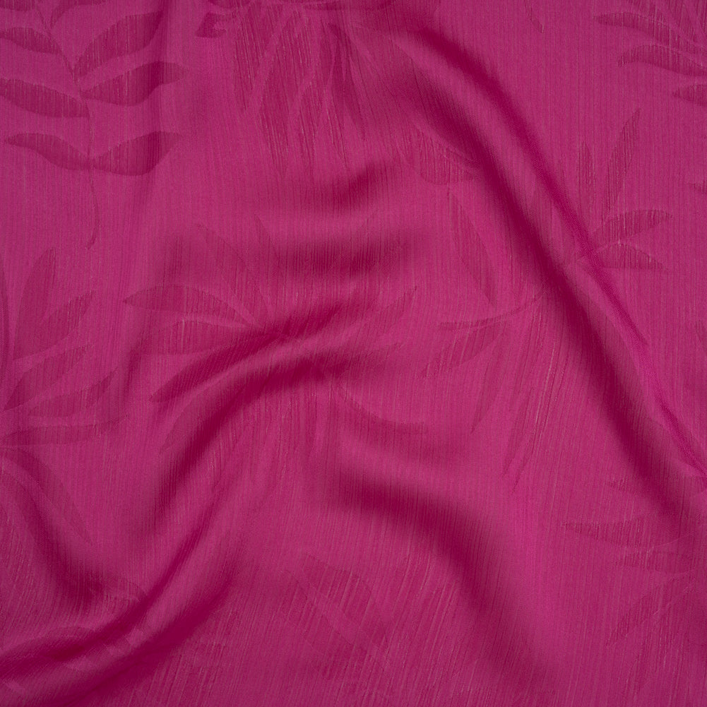 Crinkled Polyester Satin-Face Chiffon Jacquard - Fuchsia Palm Leaves - Designer Deadstock