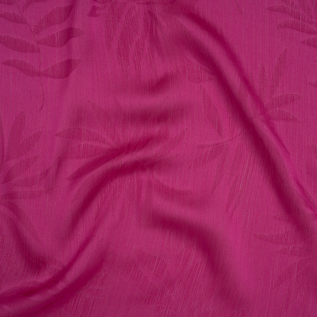 Crinkled Polyester Satin-Face Chiffon Jacquard - Fuchsia Palm Leaves - Designer Deadstock