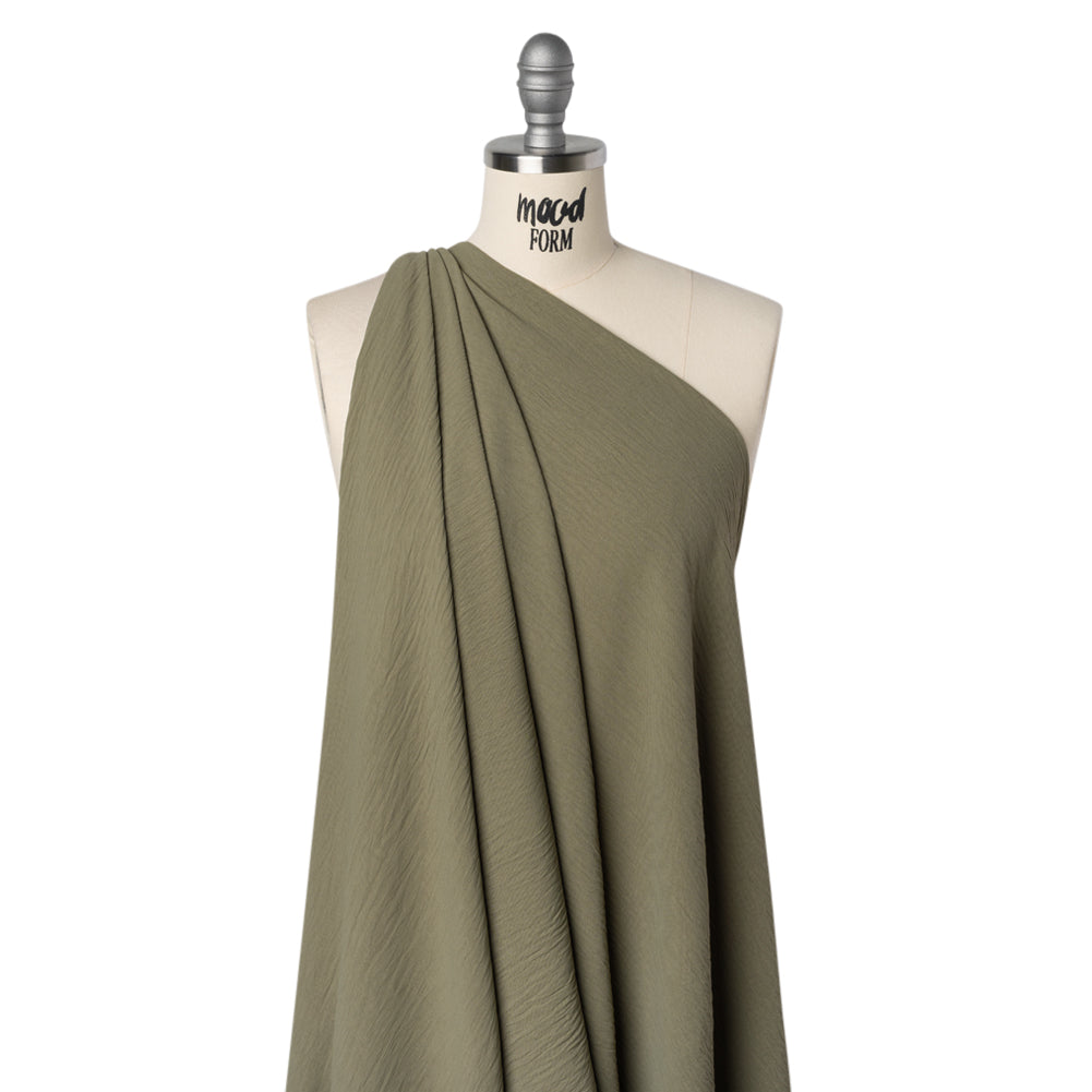 Crinkled Stretch Polyester Woven - Dusty Olive Green - Designer Deadstock