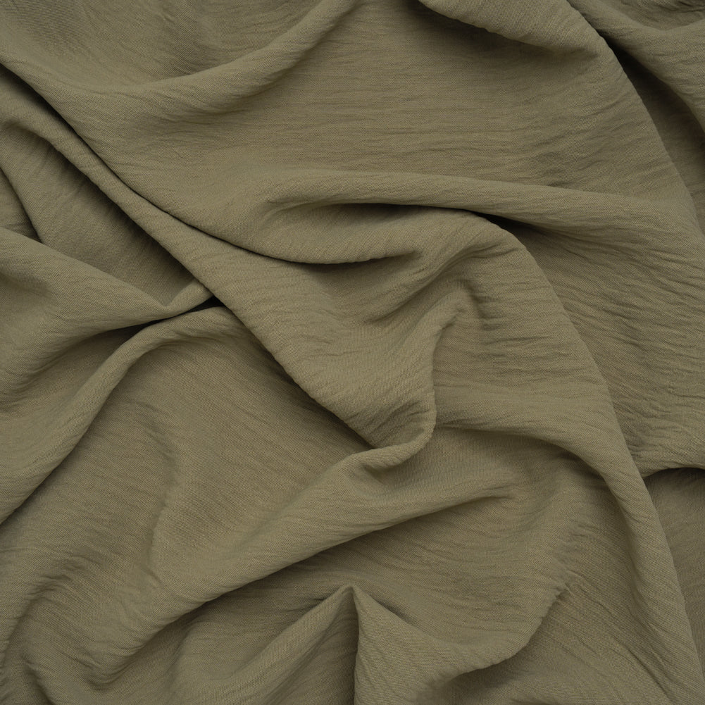 Crinkled Stretch Polyester Woven - Dusty Olive Green - Designer Deadstock