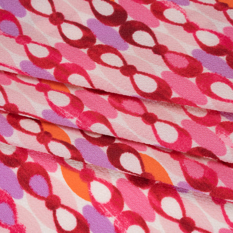 Stretch Puckered Polyester Crepe - Bubblegum Pink, Lavender and Magenta Rows of Bows and Floral Stripe Border - Designer Deadstock