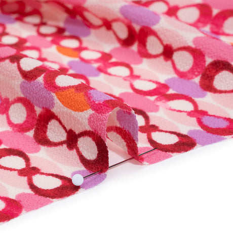 Stretch Puckered Polyester Crepe - Bubblegum Pink, Lavender and Magenta Rows of Bows and Floral Stripe Border - Designer Deadstock