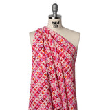 Stretch Puckered Polyester Crepe - Bubblegum Pink, Lavender and Magenta Rows of Bows and Floral Stripe Border - Designer Deadstock