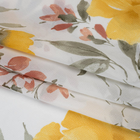 Polyester Chiffon Print - Yellow, Brick Red and White Floral - Designer Deadstock