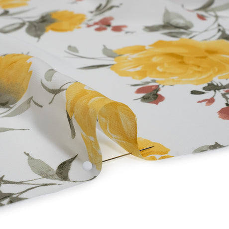 Polyester Chiffon Print - Yellow, Brick Red and White Floral - Designer Deadstock