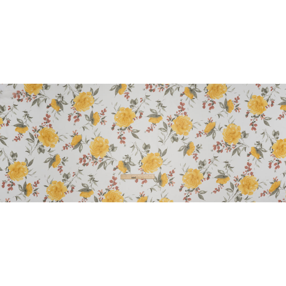 Polyester Chiffon Print - Yellow, Brick Red and White Floral - Designer Deadstock