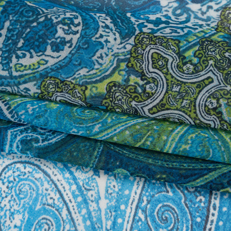 Blue green paisley patchwork polyester chiffon fabric for flowing dresses, blouses, scarves and creative sewing