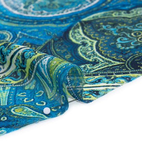 Blue green paisley patchwork polyester chiffon fabric for flowing dresses, blouses, scarves and creative sewing