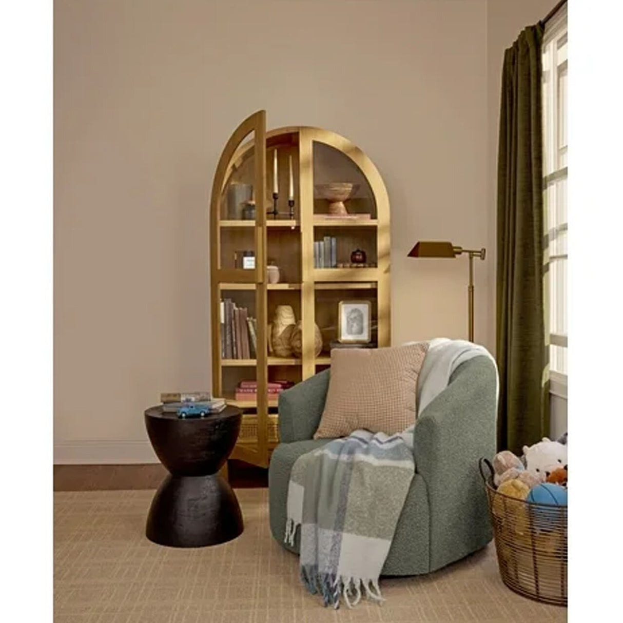 71" Tall Arched Display Cabinet, 5-Tier Bookshelf Modern Farmhouse Arched Bookcase with Glass Doors and Shelves, Wooden Pantry Storage Cabinet for Living Room, Office and Kitchen, Black