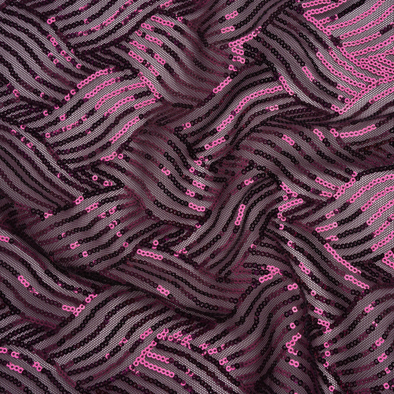 Stretch Polyester Mesh with Sequins - Plum Purple Wavey Weave - Designer Deadstock