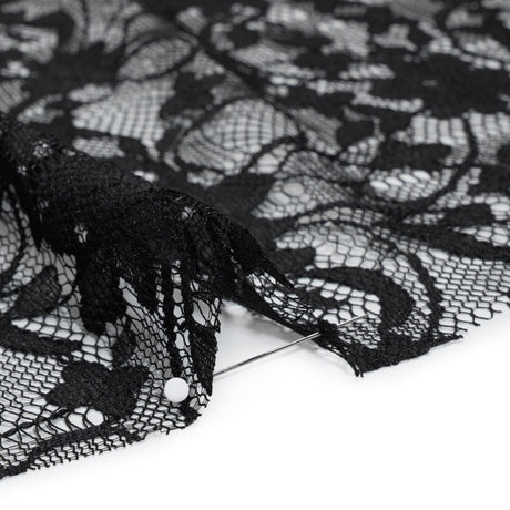 Polyester Raschel Lace - Black Flowers and Ribbons - Designer Deadstock