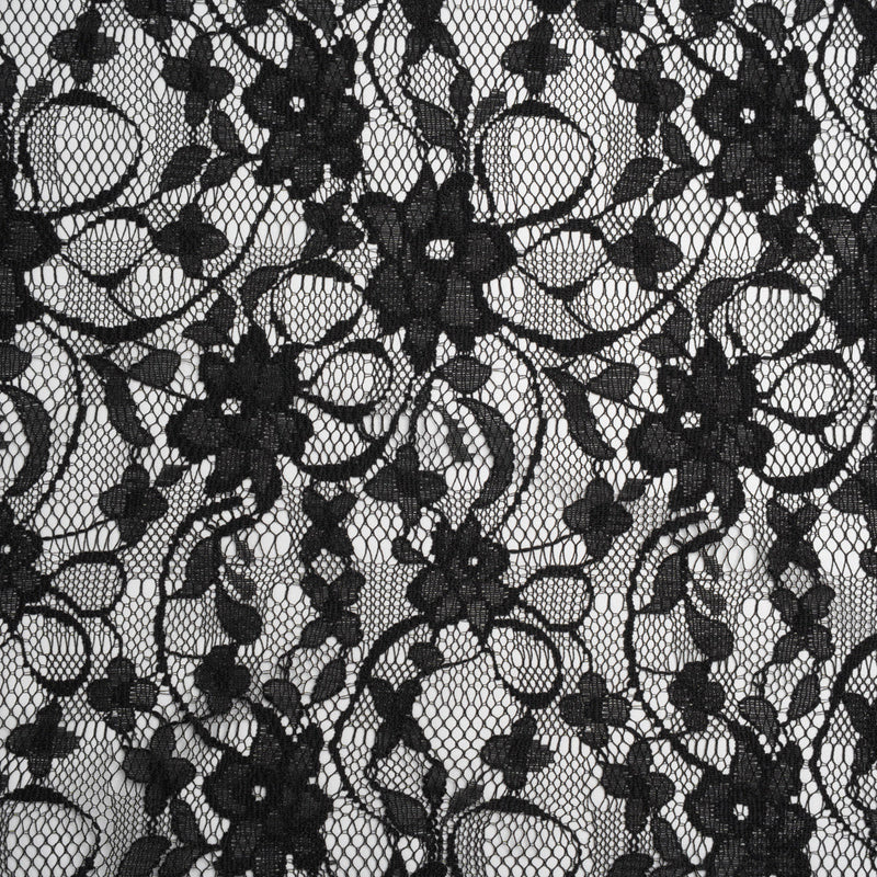 Polyester Raschel Lace - Black Flowers and Ribbons - Designer Deadstock