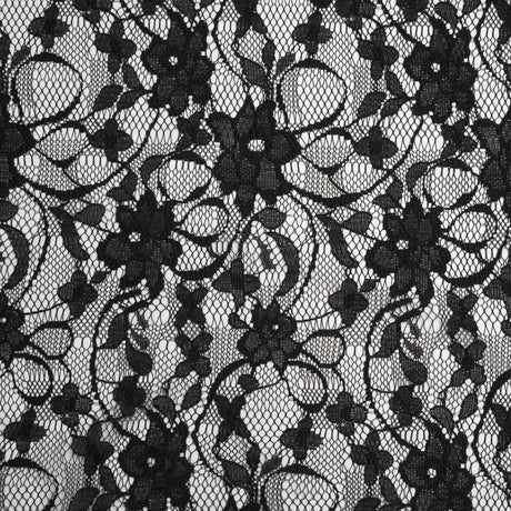 Polyester Raschel Lace - Black Flowers and Ribbons - Designer Deadstock