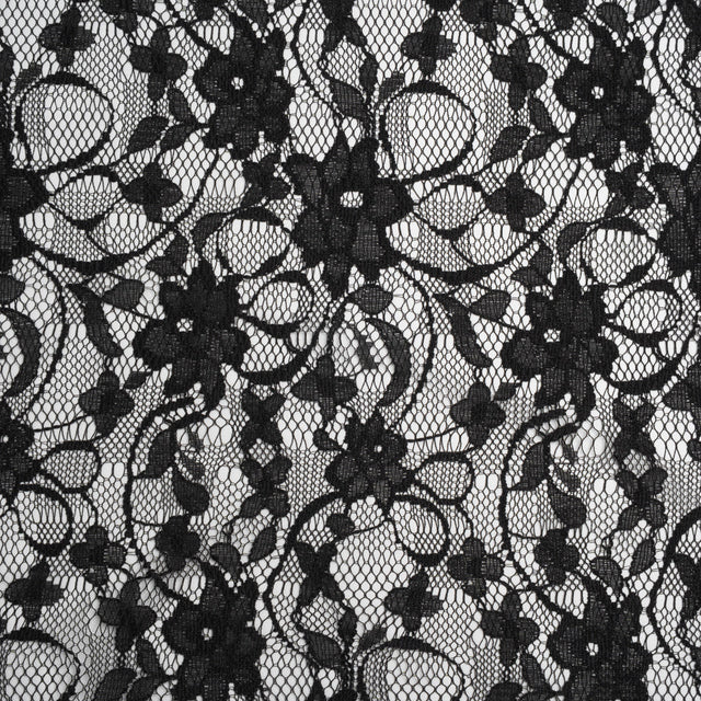 Polyester Raschel Lace - Black Flowers and Ribbons - Designer Deadstock