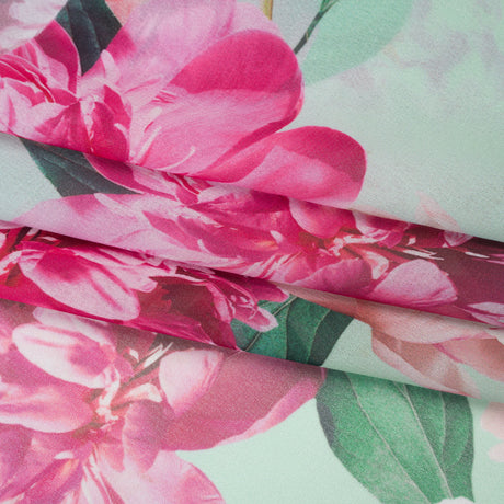 Polyester Chiffon Print - Seafoam, Magenta and Green Roses - Designer Deadstock