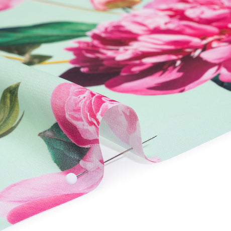 Polyester Chiffon Print - Seafoam, Magenta and Green Roses - Designer Deadstock