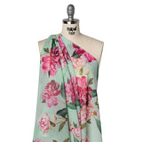 Polyester Chiffon Print - Seafoam, Magenta and Green Roses - Designer Deadstock