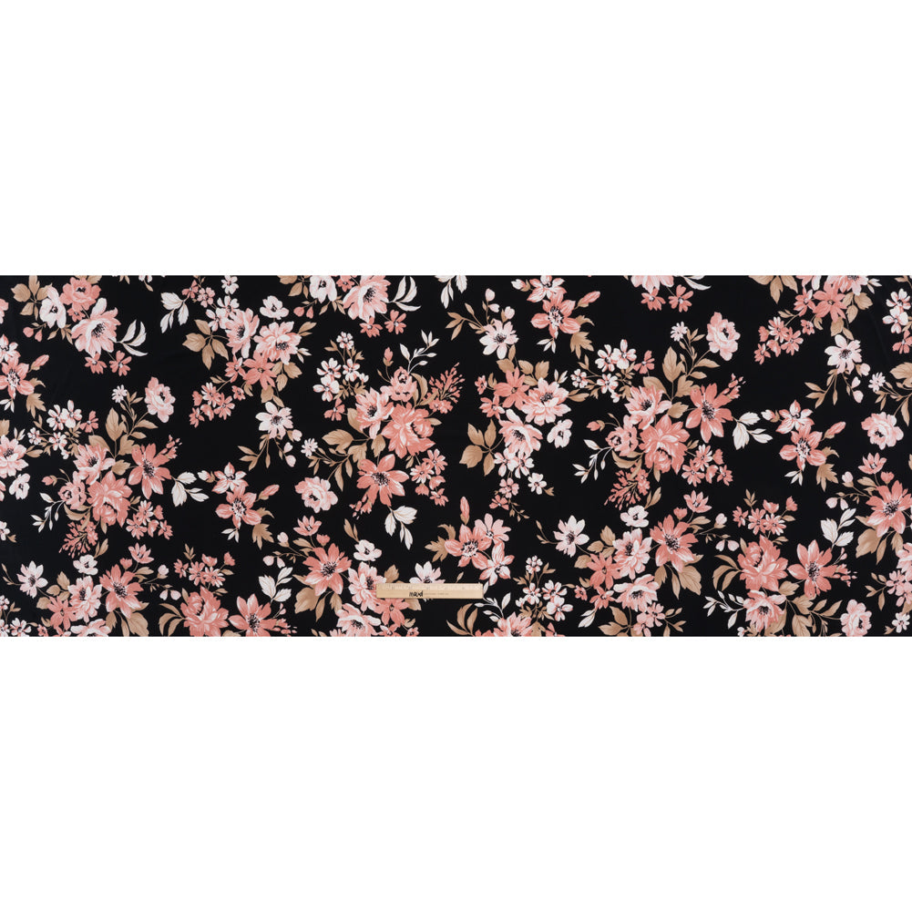 Stretch Polyester Jersey with Puff Print - Black, Pink and Beige Floral - Designer Deadstock