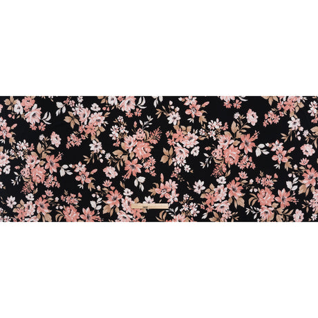 Stretch Polyester Jersey with Puff Print - Black, Pink and Beige Floral - Designer Deadstock
