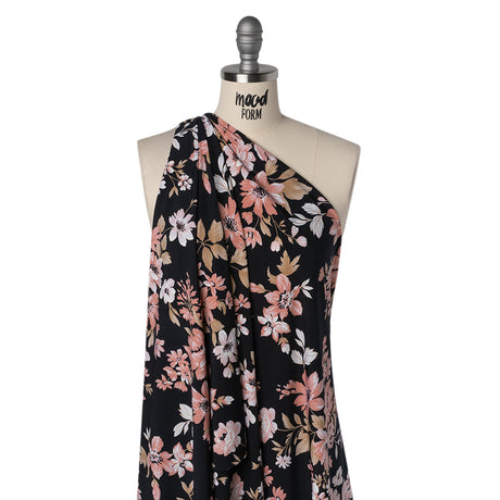 Stretch Polyester Jersey with Puff Print - Black, Pink and Beige Floral - Designer Deadstock