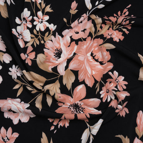 Stretch Polyester Jersey with Puff Print - Black, Pink and Beige Floral - Designer Deadstock