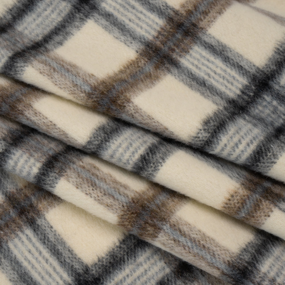 Brushed Wool Blend Twill Tweed - Black, Brown and Cream Beige Plaid