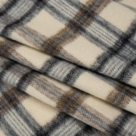 Brushed Wool Blend Twill Tweed - Black, Brown and Cream Beige Plaid