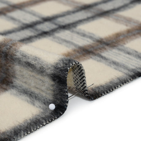 Brushed Wool Blend Twill Tweed - Black, Brown and Cream Beige Plaid