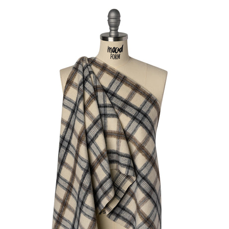 Brushed Wool Blend Twill Tweed - Black, Brown and Cream Beige Plaid